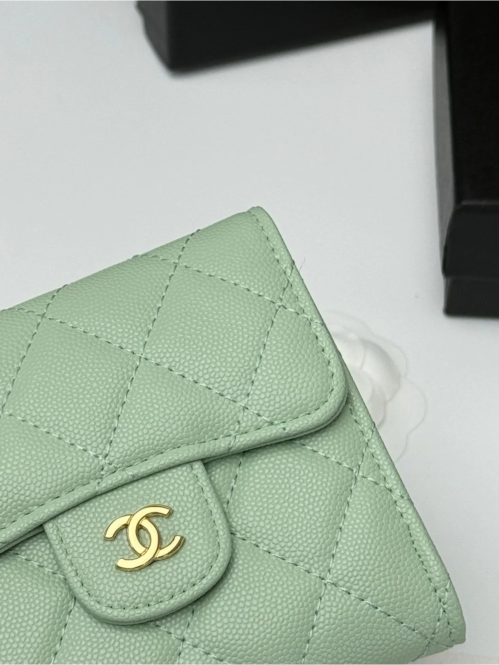 CHANEL Mint Quilted Caviar Leather Wallet with Gold CC